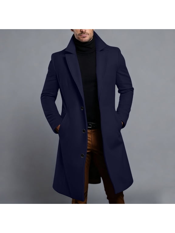 Men's Wool Blend Coat Tweed Trench Overcoat Notched Lapel Button Front with Pockets, Mid Length Long Sleeve Outerwear for Fall Winter Business Casual Daily Wear