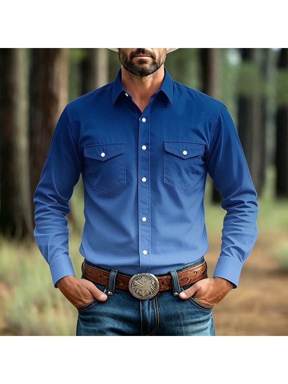 Mens Long Sleeve Button Down Shirt Western Two Pocket Stretch Business Casual Button-Up Collar Gradient Colors S-XXXL