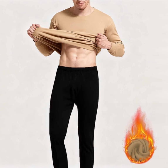 MOONDU Mens Thermal Underwear Set Long Johns Base Layer Fleece Lined High Stretch Crewneck 2 Piece Top Bottom Winter Warm for Cold Weather