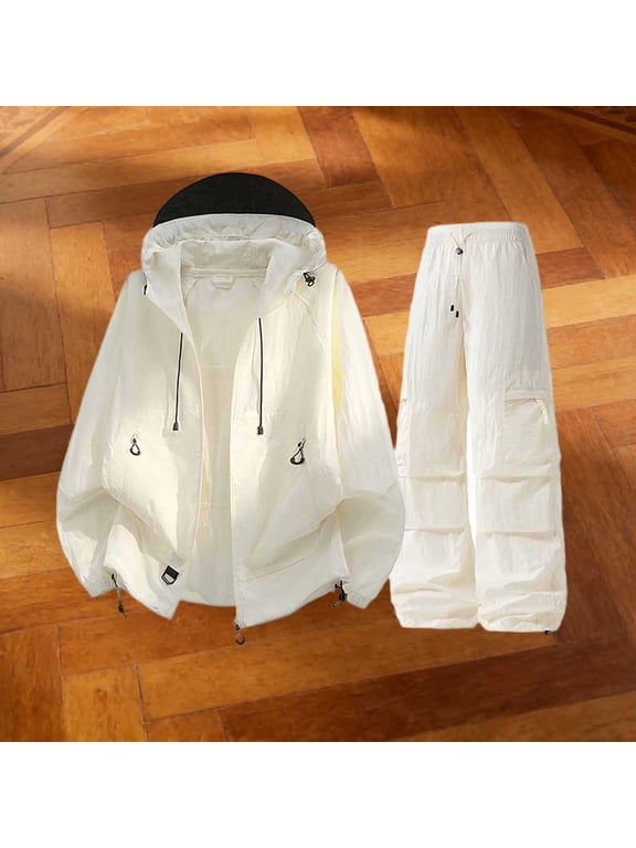 Women's 2 Piece Outfit Set Hooded Zip Up Windbreaker Jacket and Cargo Pants, Lightweight Matching Tracksuit with Pockets for Casual Streetwear Travel Daily Wear