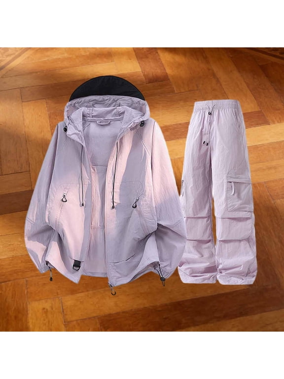 Women's 2 Piece Outfit Set Hooded Zip Up Windbreaker Jacket and Cargo Pants, Lightweight Matching Tracksuit with Pockets for Casual Streetwear Travel Daily Wear