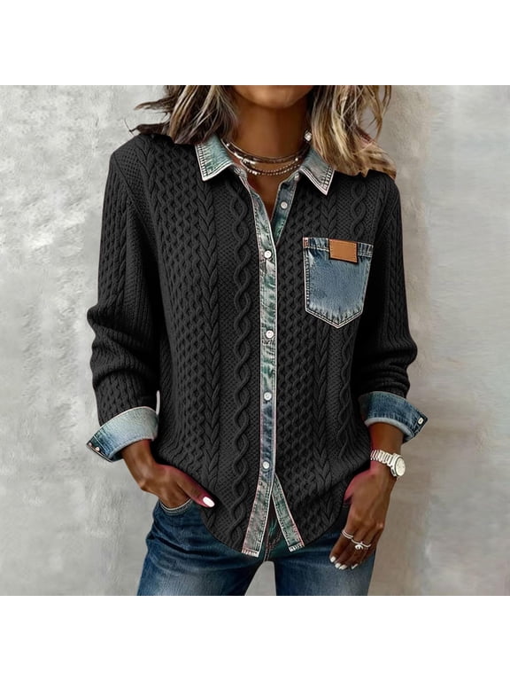 Women's Cardigan Sweater Denim Patchwork Collared Button Down Cable Knit Long Sleeve with Pockets Casual Fall Winter Daily Wear Work
