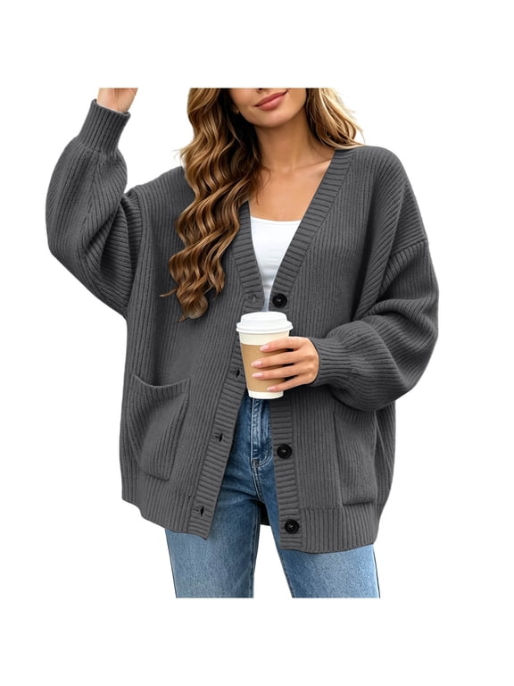 Women's Cardigan Sweater Ribbed Knit V-Neck Button Down Open Front Long Sleeve with Pockets Loose Fit Casual Lightweight Fall Winter Daily Wear Work