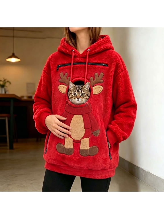 Women's Cat Pouch Hoodie Christmas Reindeer Fleece Cat Carrier Long Sleeve Pullover Sweatshirt with Zipper Pockets S-XXL