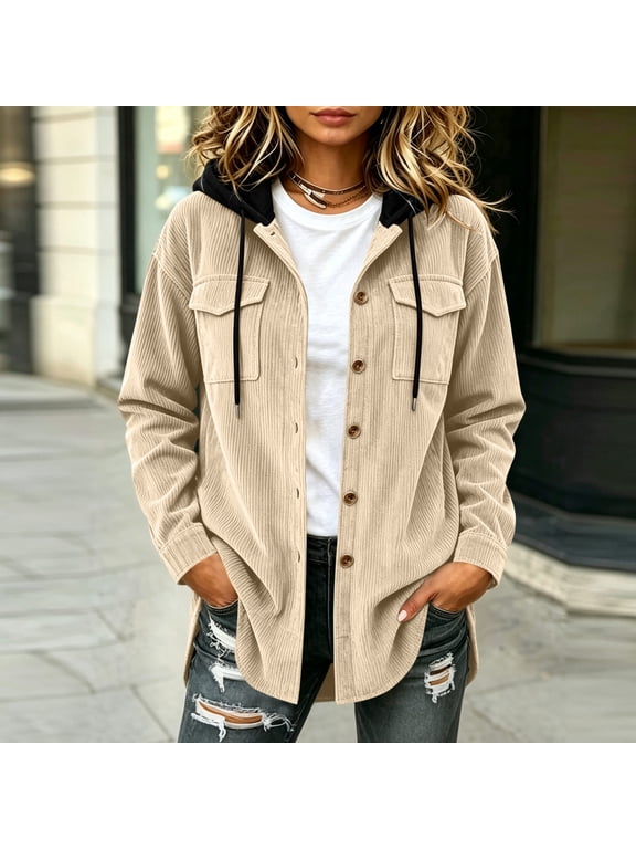 Women's Corduroy Hooded Shacket with Pockets, Button Down Long Sleeve Shirt Jacket, Loose Fit Solid Color Casual Outerwear for Fall Winter