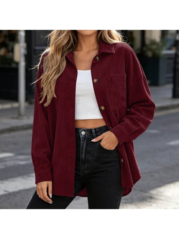 Women's Corduroy Shacket Button Down Shirt Jacket with Pockets, Collared Long Sleeve Loose Fit Oversized Outerwear for Fall Winter Casual Layering Daily Wear