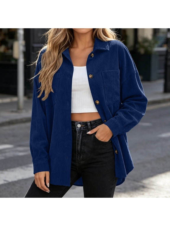Women's Corduroy Shacket Button Down Shirt Jacket with Pockets, Collared Long Sleeve Loose Fit Oversized Outerwear for Fall Winter Casual Layering Daily Wear