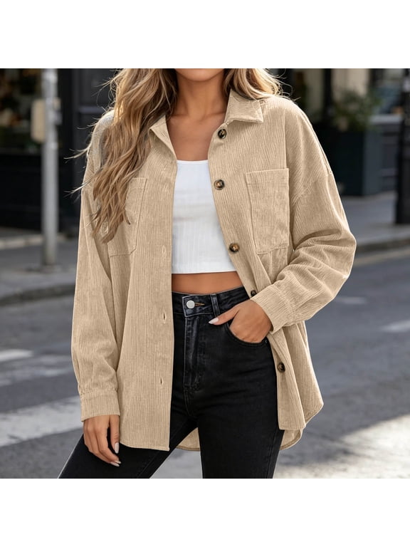 Women's Corduroy Shacket Button Down Shirt Jacket with Pockets, Collared Long Sleeve Loose Fit Oversized Outerwear for Fall Winter Casual Layering Daily Wear