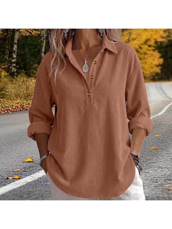 Women's Corduroy Top with Half Button Down, Collared Long Sleeve Pullover Blouse, Loose Fit Casual Tunic Top for Fall Winter