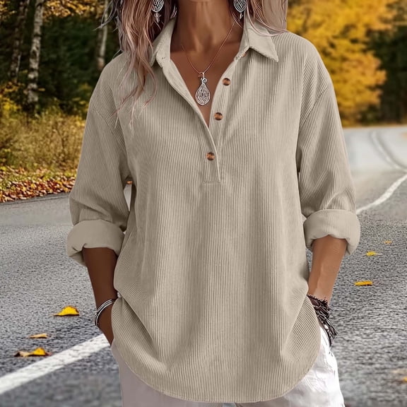 MOONDU Women's Corduroy Top with Half Button Down, Collared Long Sleeve Pullover Blouse, Loose Fit Casual Tunic Top for Fall Winter