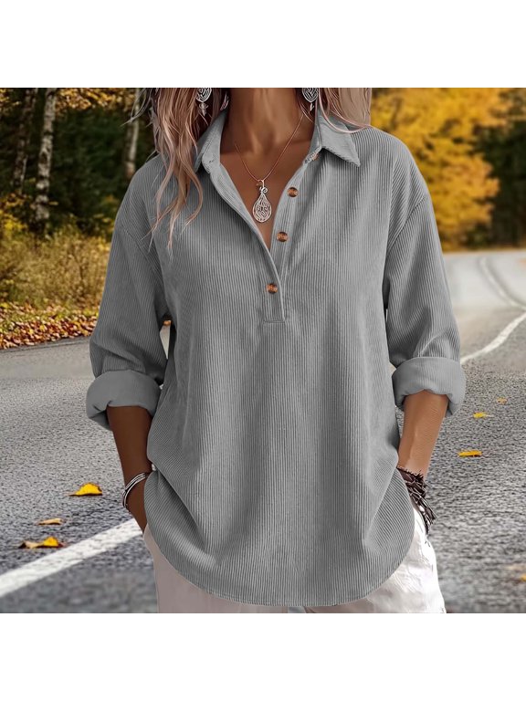 Women's Corduroy Top with Half Button Down, Collared Long Sleeve Pullover Blouse, Loose Fit Casual Tunic Top for Fall Winter