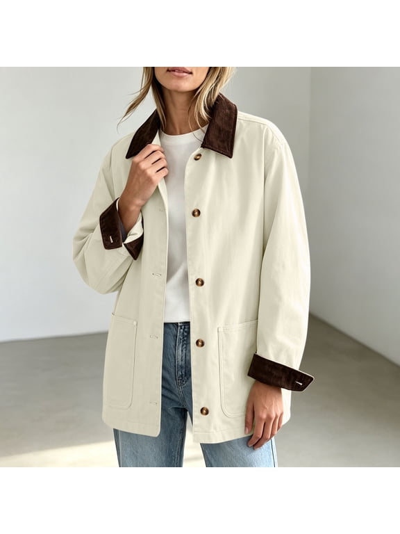 Women's Corduroy Trim Shirt Jacket with Pockets, Button Down Collared Long Sleeve Shacket, Loose Fit Casual Outerwear for Fall Winter