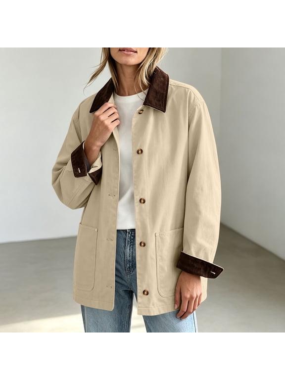 Women's Corduroy Trim Shirt Jacket with Pockets, Button Down Collared Long Sleeve Shacket, Loose Fit Casual Outerwear for Fall Winter