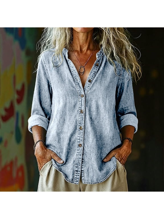 Women's Denim Button Down Shirt Collarless V Neck Long Sleeve Loose Fit Jean Shirt with High Low Hem, Casual Washed Chambray Top for Fall Spring Daily Wear