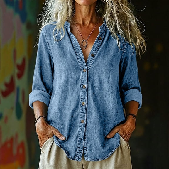 MOONDU Women's Denim Button Down Shirt Collarless V Neck Long Sleeve Loose Fit Jean Shirt with High Low Hem, Casual Washed Chambray Top for Fall Spring Daily Wear