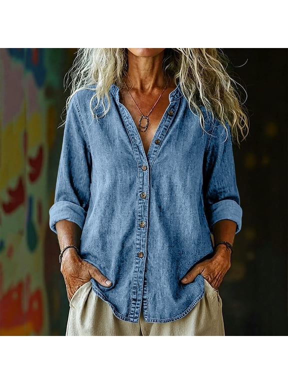 Women's Denim Button Down Shirt Collarless V Neck Long Sleeve Loose Fit Jean Shirt with High Low Hem, Casual Washed Chambray Top for Fall Spring Daily Wear