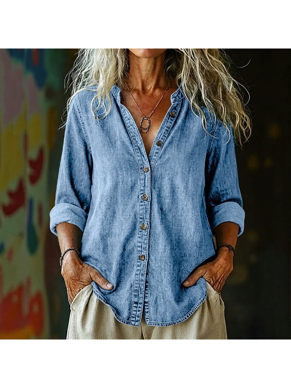 Women's Denim Button Down Shirt Collarless V Neck Long Sleeve Loose Fit Jean Shirt with High Low Hem, Casual Washed Chambray Top for Fall Spring Daily Wear