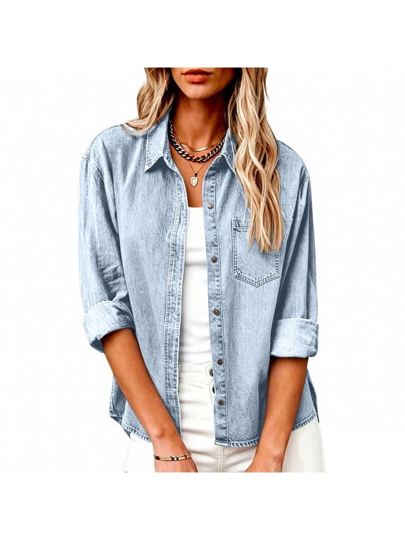 Women's Denim Button Down Shirt Long Sleeve Collared Jean Shirt with Chest Pockets, Loose Fit Washed Chambray Top for Fall Spring Casual Work Western Daily Wear