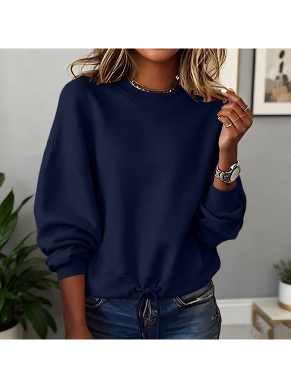 Women's Drawstring Hem Sweatshirt Oversized Crewneck Pullover Loose Fit Long Sleeve Casual Solid Color Tops 8 Colors S-XXXL