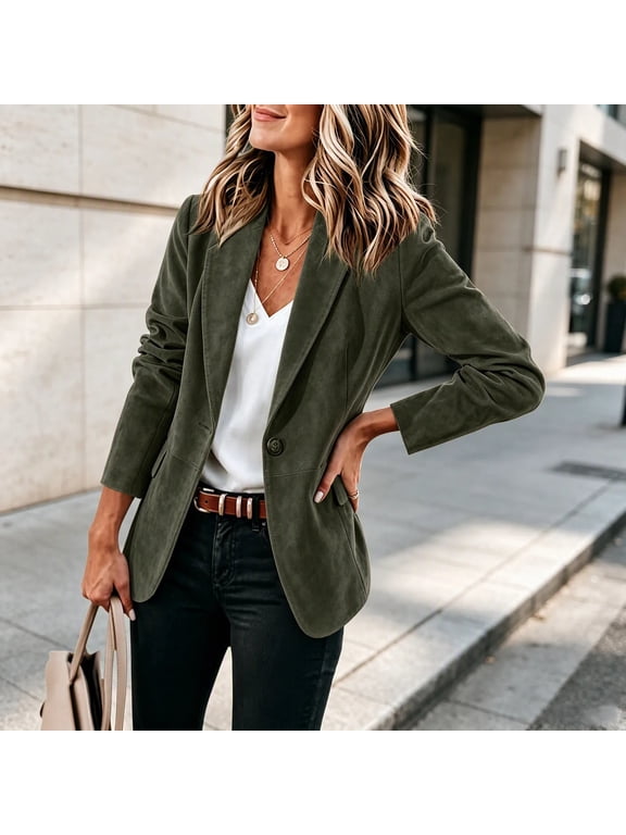 Women's Faux Suede Blazer with Pockets, Lapel Collar Button Front Long Sleeve Suit Jacket, Business Casual Work Office Coat for Fall Winter