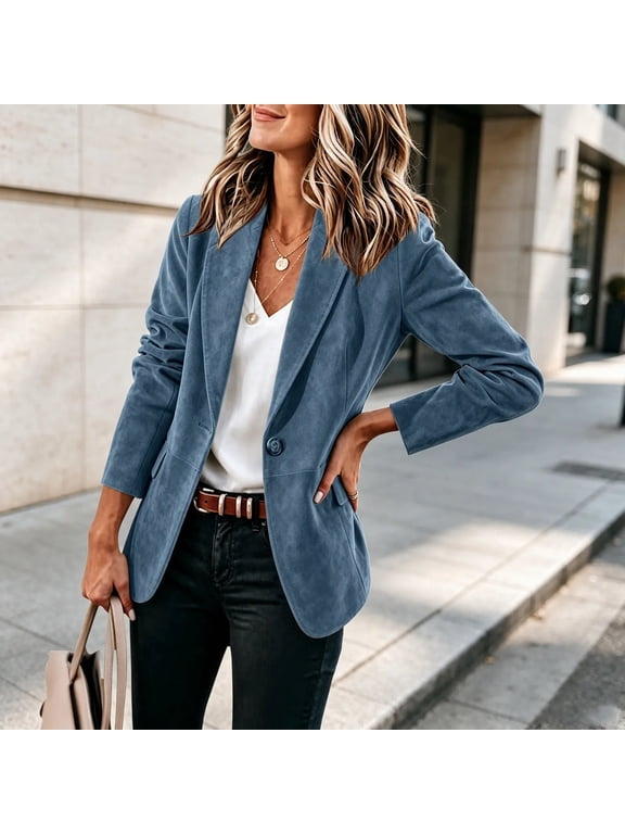 Women's Faux Suede Blazer with Pockets, Lapel Collar Button Front Long Sleeve Suit Jacket, Business Casual Work Office Coat for Fall Winter