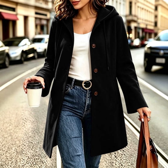 MOONDU Women's Faux Suede Coat Pea Coat Hooded Button Down Mid-Length Drawstring Long Sleeve with Pockets Casual Fall Winter Daily Wear Top 8 Colors