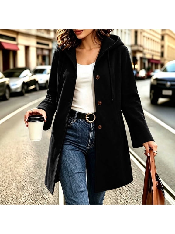 Women's Faux Suede Coat Pea Coat Hooded Button Down Mid-Length Drawstring Long Sleeve with Pockets Casual Fall Winter Daily Wear