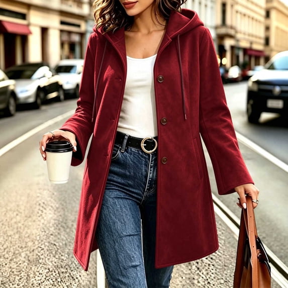 MOONDU Women's Faux Suede Coat Pea Coat Hooded Button Down Mid-Length Drawstring Long Sleeve with Pockets Casual Fall Winter Daily Wear Top 8 Colors