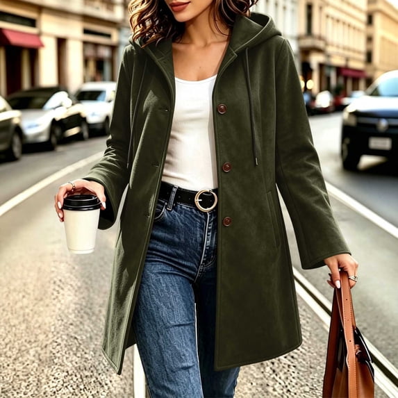 MOONDU Women's Faux Suede Coat Pea Coat Hooded Button Down Mid-Length Drawstring Long Sleeve with Pockets Casual Fall Winter Daily Wear Top 8 Colors