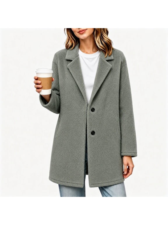 Women's Fleece Coat Button Down Mid Length Fuzzy Teddy Coat Notch Lapel Casual Winter Overcoat with Pockets S-3XL