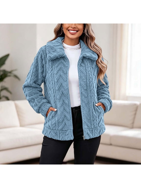 Women's Fleece Jacket Sherpa Fuzzy Zip Up Collared Cable Knit Long Sleeve Warm Winter Coat Loose Fit with Pockets Casual Fall Winter Daily Wear