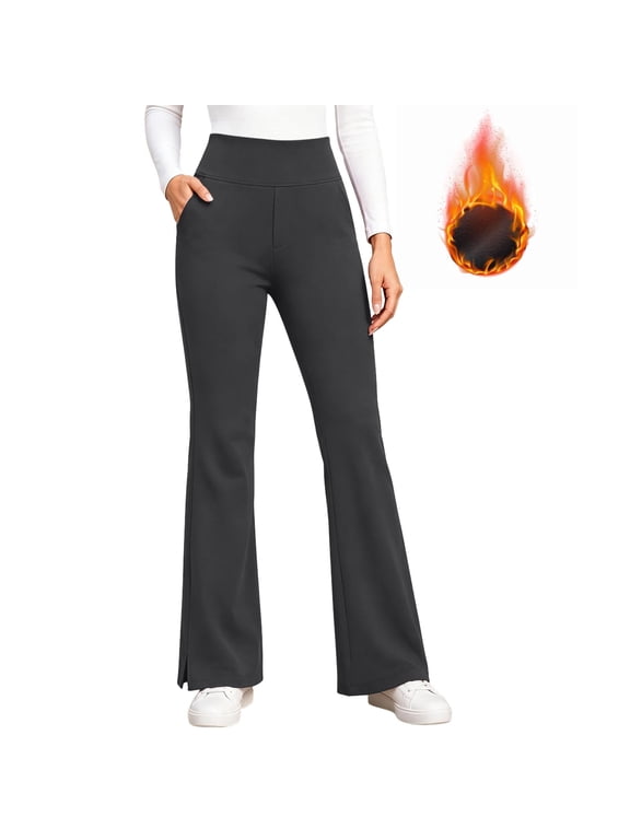 Women's Fleece Lined Flare Leggings with Pockets High Waisted Thermal Warm Bootcut Yoga Pants Winter Casual Trousers 8 Colors S-XXL
