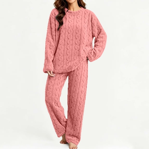 MOONDU Women's Fleece Pajama Set Plush 2 Piece Long Sleeve Elastic Waist Jacquard Solid Color Winter Warm Sleepwear