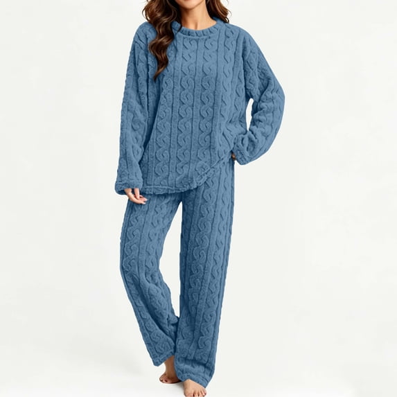 MOONDU Women's Fleece Pajama Set Plush 2 Piece Long Sleeve Elastic Waist Jacquard Solid Color Winter Warm Sleepwear