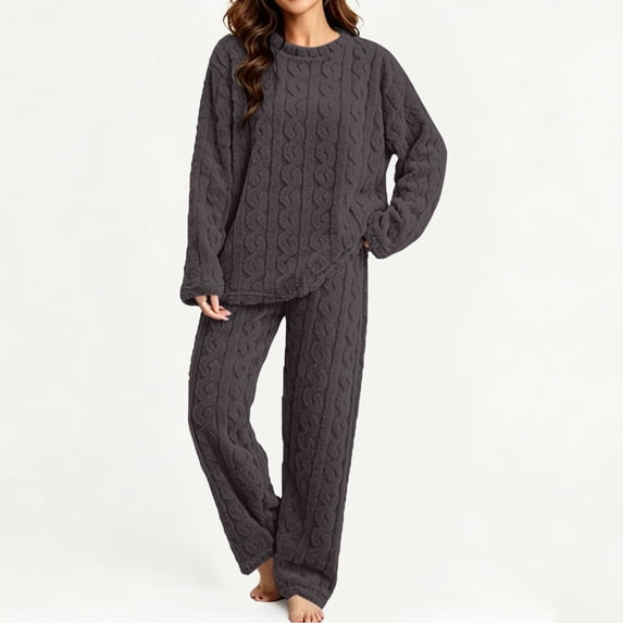 MOONDU Women's Fleece Pajama Set Plush 2 Piece Long Sleeve Elastic Waist Jacquard Solid Color Winter Warm Sleepwear