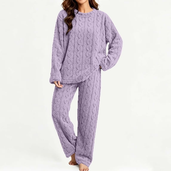 MOONDU Women's Fleece Pajama Set Plush 2 Piece Long Sleeve Elastic Waist Jacquard Solid Color Winter Warm Sleepwear