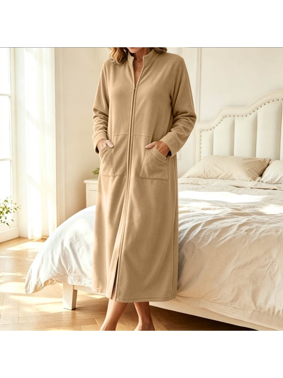 Women's Fleece Robe Long Zip Up Plush House Coat with Pockets, Warm Cozy Bathrobe Stand Collar Sleepwear for Winter Fall Spa Lounge Daily Wear