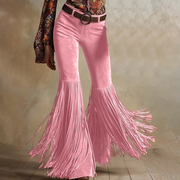 MOONDU Women's Fringe Suede Flare Pants with High Waist, Bell Bottom Tassel Trousers, Retro Western Casual Bottoms for Festival Party