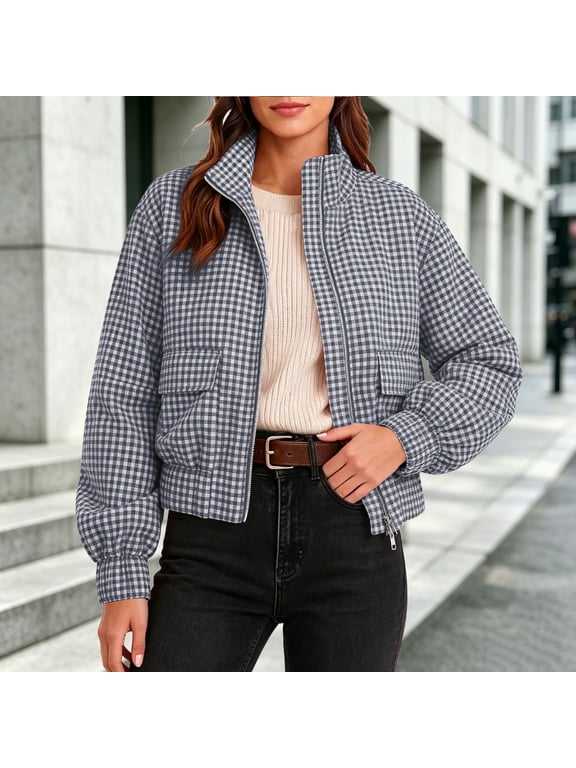 Women's Gingham Plaid Zip Up Jacket Stand Collar Long Sleeve Cropped Bomber Coat with Pockets, Casual Loose Fit Lightweight Outerwear for Fall Spring Daily Wear