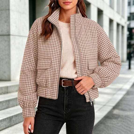 MOONDU Women's Gingham Plaid Zip Up Jacket Stand Collar Long Sleeve Cropped Bomber Coat with Pockets, Casual Loose Fit Lightweight Outerwear for Fall Spring Daily Wear