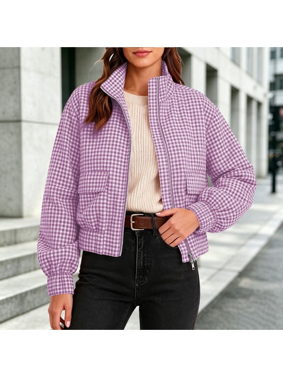 Women's Gingham Plaid Zip Up Jacket Stand Collar Long Sleeve Cropped Bomber Coat with Pockets, Casual Loose Fit Lightweight Outerwear for Fall Spring Daily Wear