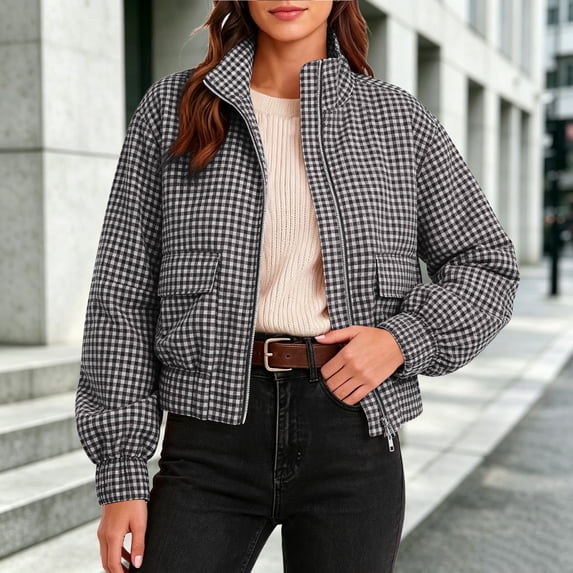 MOONDU Women's Gingham Plaid Zip Up Jacket Stand Collar Long Sleeve Cropped Bomber Coat with Pockets, Casual Loose Fit Lightweight Outerwear for Fall Spring Daily Wear