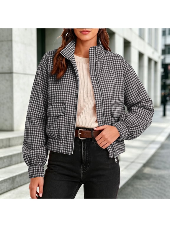 Women's Gingham Plaid Zip Up Jacket Stand Collar Long Sleeve Cropped Bomber Coat with Pockets, Casual Loose Fit Lightweight Outerwear for Fall Spring Daily Wear