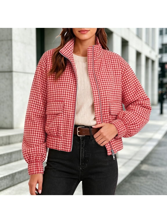 Women's Gingham Plaid Zip Up Jacket Stand Collar Long Sleeve Cropped Bomber Coat with Pockets, Casual Loose Fit Lightweight Outerwear for Fall Spring Daily Wear