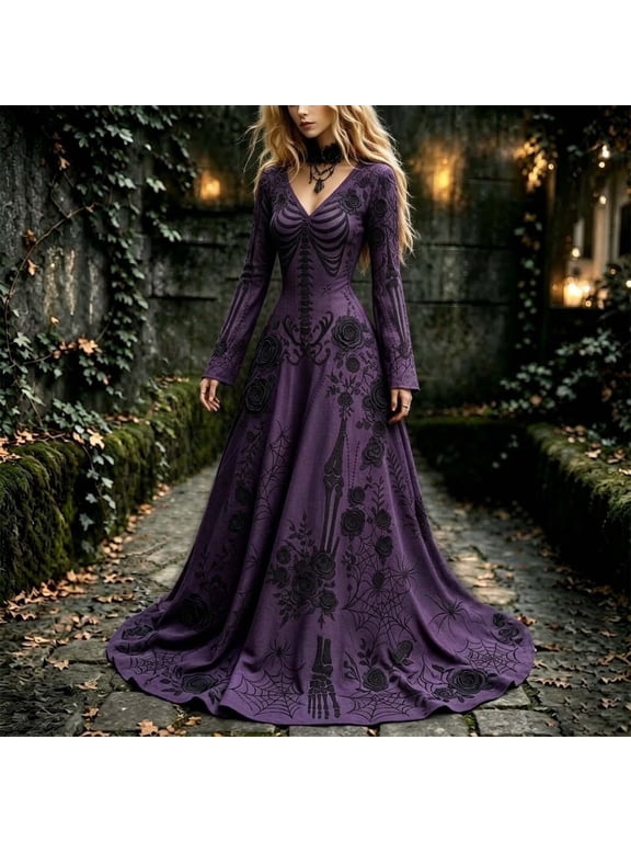 Women's Halloween Dress Long Sleeve V Neck Gothic Print Maxi Dress Skeleton Rose A-Line Flowy Party Dress XS-5XL