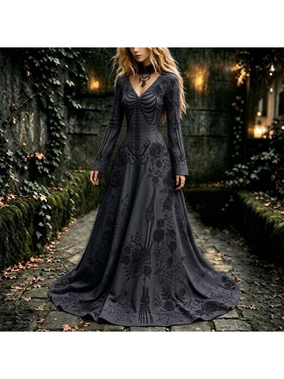Women's Halloween Dress Long Sleeve V Neck Gothic Print Maxi Dress Skeleton Rose A-Line Flowy Party Dress XS-5XL