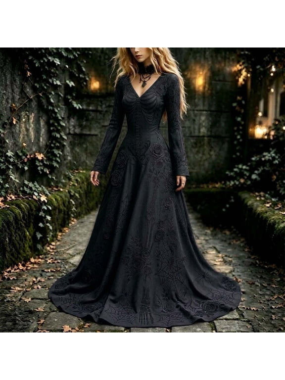 Women's Halloween Dress Long Sleeve V Neck Gothic Print Maxi Dress Skeleton Rose A-Line Flowy Party Dress XS-5XL