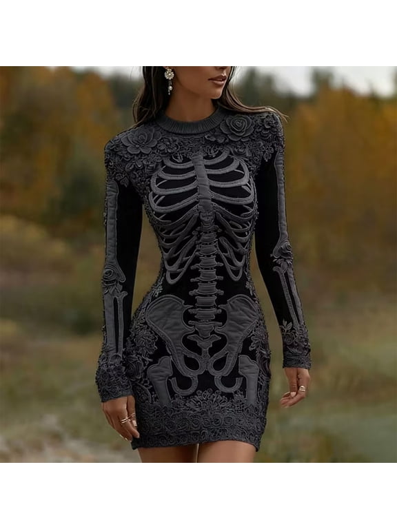 Women's Halloween Dress Skeleton Print Bodycon Long Sleeve Lace Trim Stretchy Round Neck Party Mini Dress