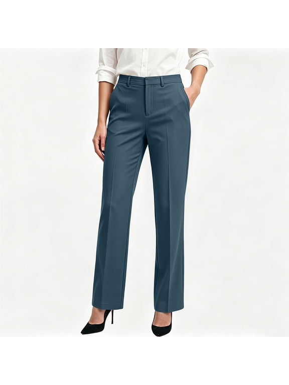 Women's High Waisted Dress Pants Straight Leg Business Casual Work Trousers with Pockets, Button Zip Fly Stretchy Office Slacks for Fall Winter Daily Wear