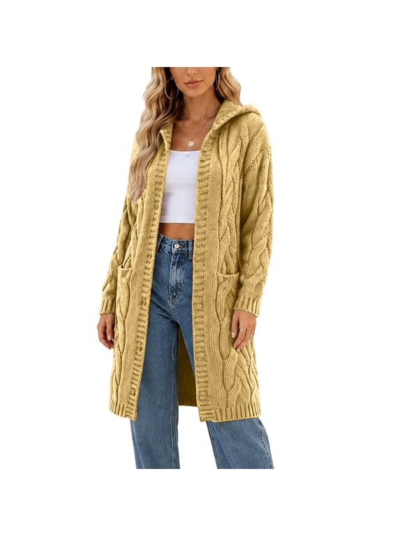 Women's Hooded Cable Knit Cardigan with Pockets, Open Front Long Sleeve Chunky Sweater Coat, Oversized Loose Fit Outerwear for Fall Winter